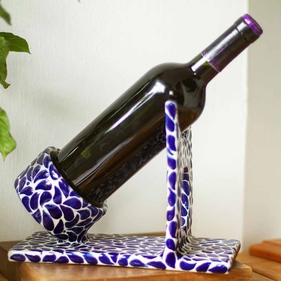 Hand Crafted Talavera Style Blue and White Bottle Holder 'Puebla Petals'