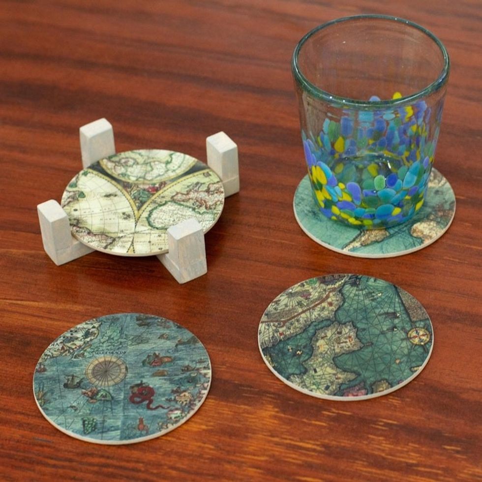 Decoupage Coasters and Holder with Africa Maps Set of 4 'Old Africa'