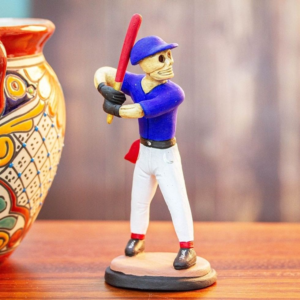 Clay Skeleton Baseball Player Sculpture 'Batter Catrin'