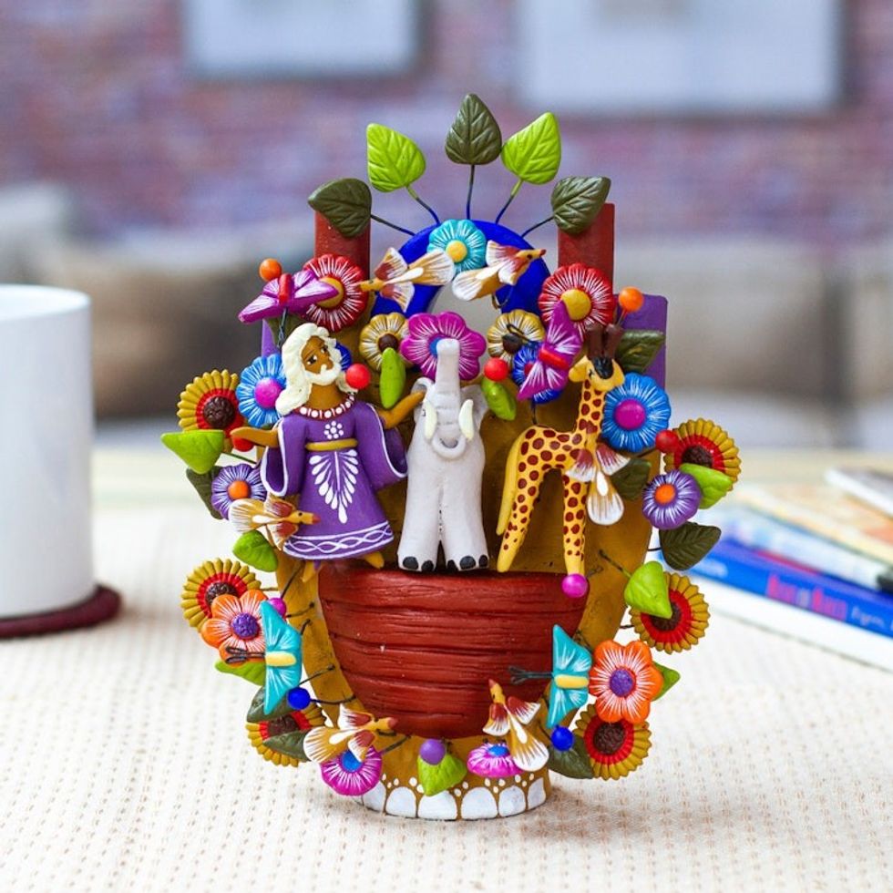 Hand-Painted Ceramic Noah's Ark Sculpture from Mexico 'Savior of Animals'