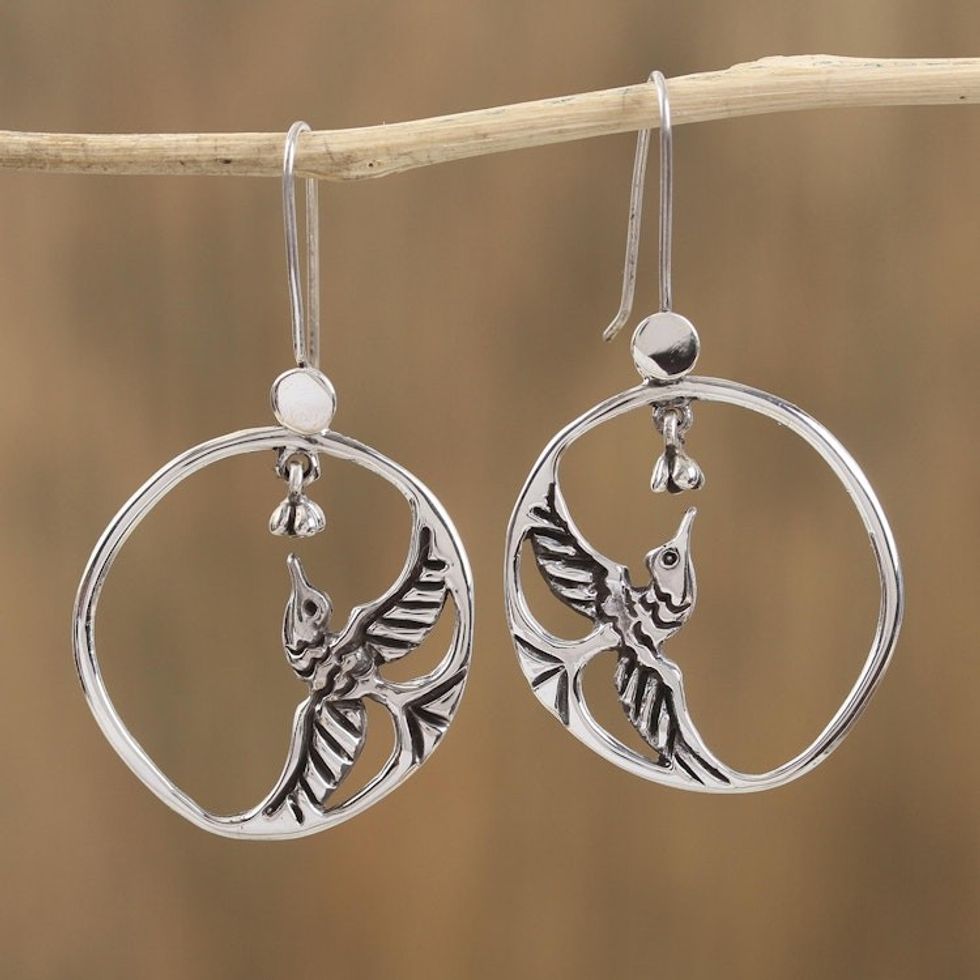 Sterling Silver Hummingbirds in Circle Frame Dangle Earrings 'Delicate Hummingbird'