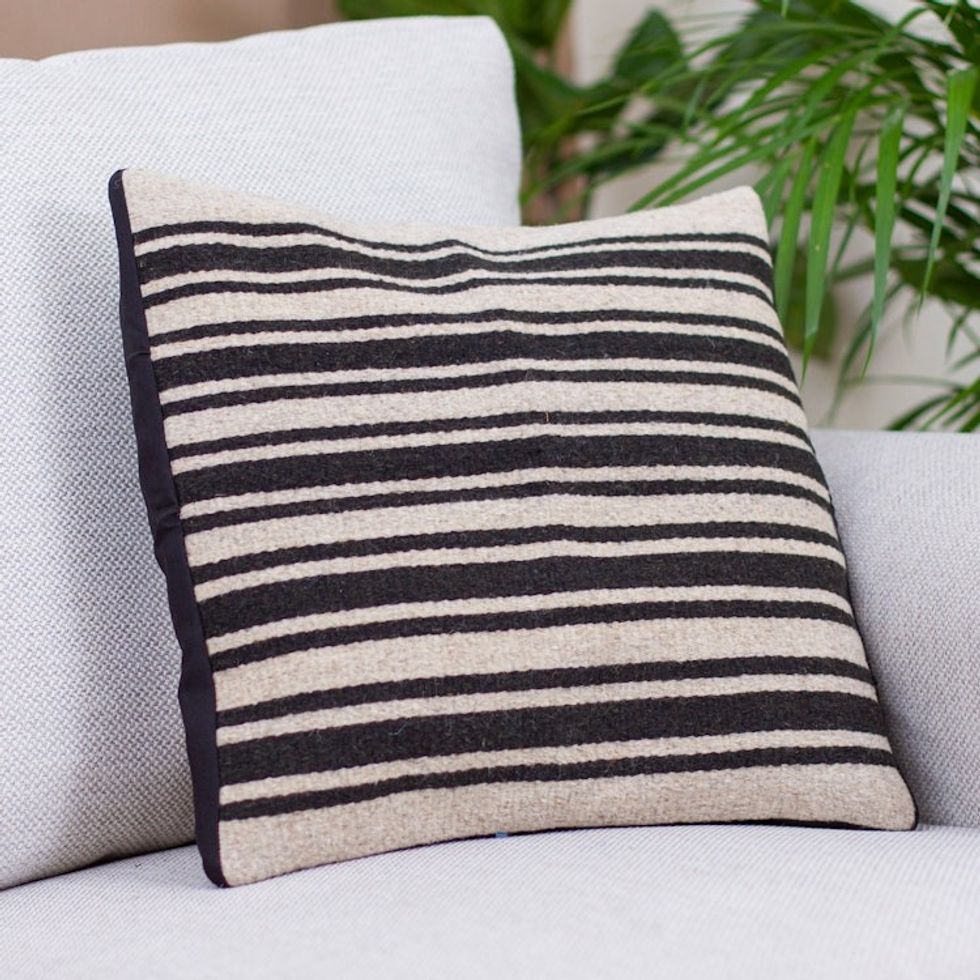 Handwoven Striped Wool Cushion Cover from Mexico 'Duality Stripes'