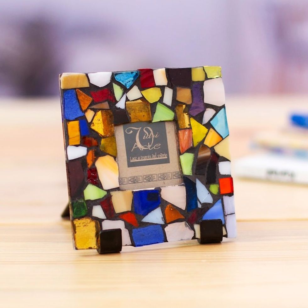 Handcrafted Stained Glass Photo Frame 2x2 'Mexican Kaleidoscope'