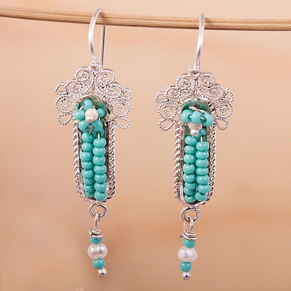 Green Glass Beaded Dangle Earrings from Mexico 'Little Inchworms'