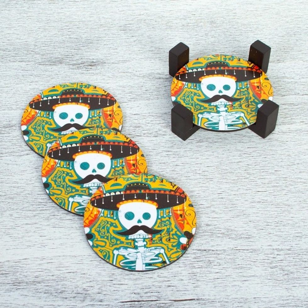 Day of the Dead Decoupage Pinewood Coasters from Mexico 'Mustachioed Skull'
