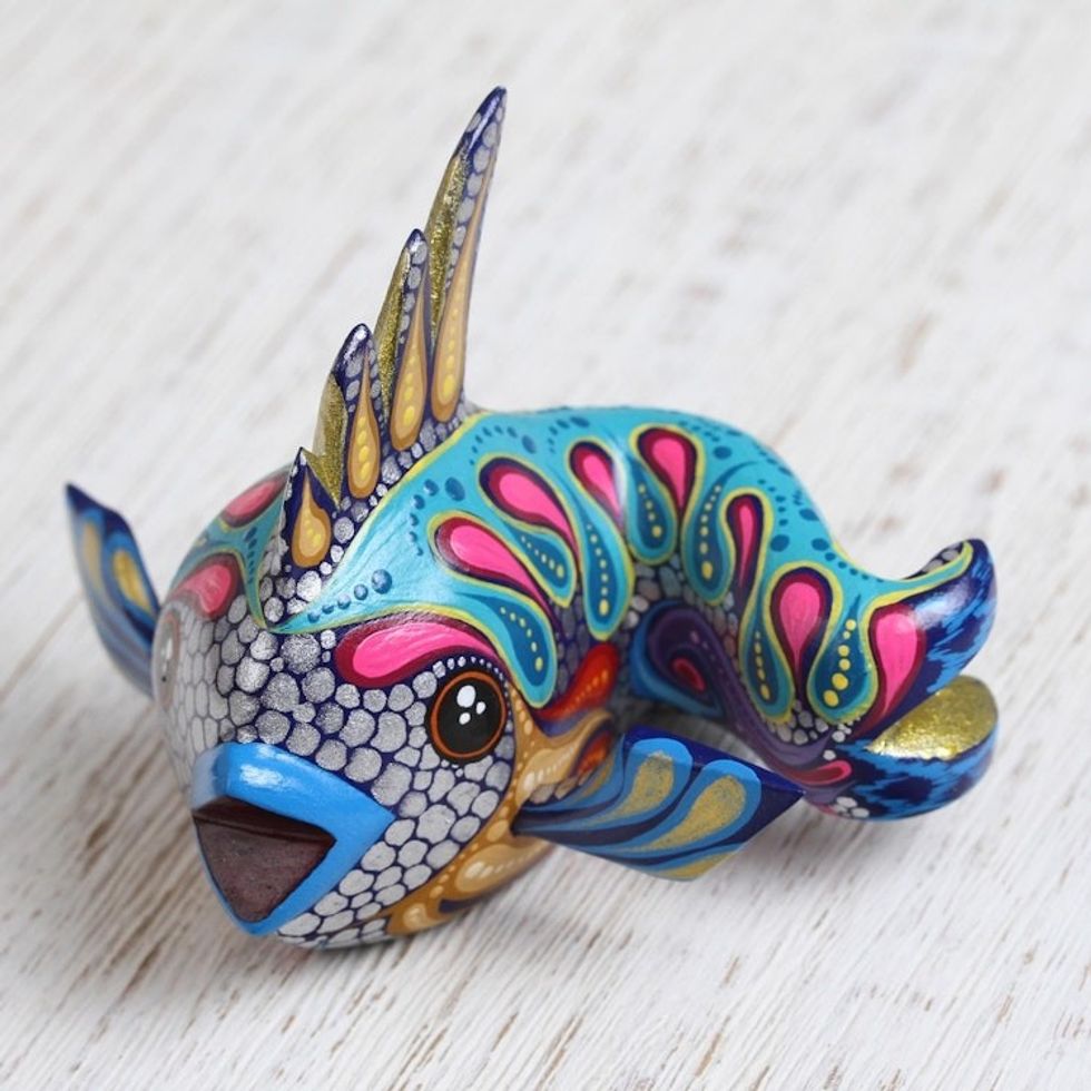 Hand-Painted Wood Alebrije Fish Figurine from Mexico 'Shimmering Fish'