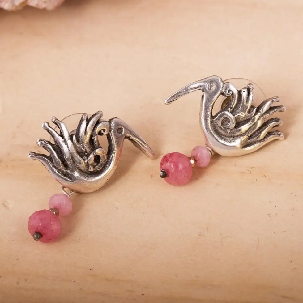 Pink Agate Bird Dangle Earrings from Mexico 'Precious Liberty'