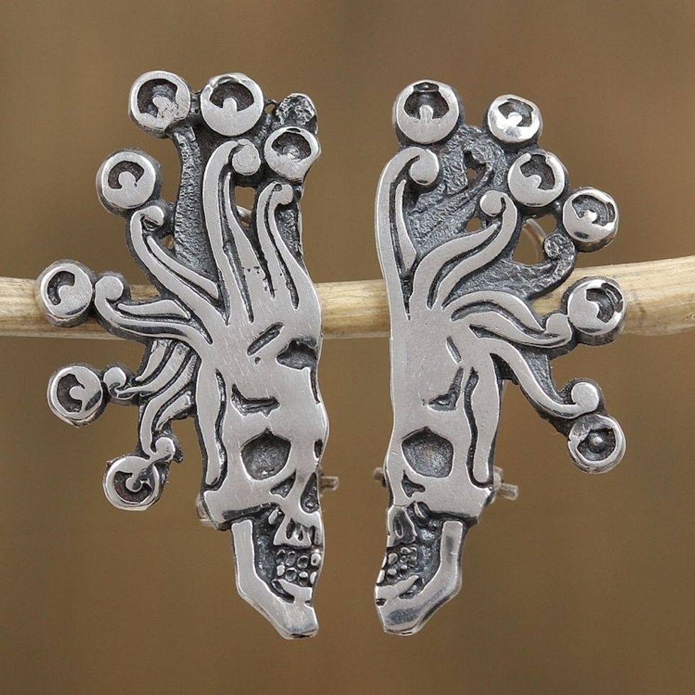 Sterling Silver Aztec God of Death Drop Earrings 'Miquiztli'