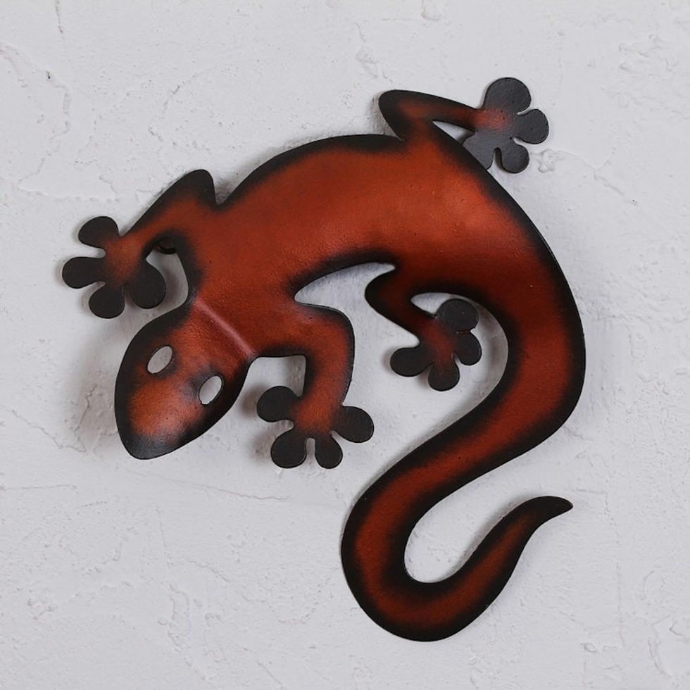 Handcrafted Steel Lizard Wall Sculpture from Mexico 'Climbing Lizard'