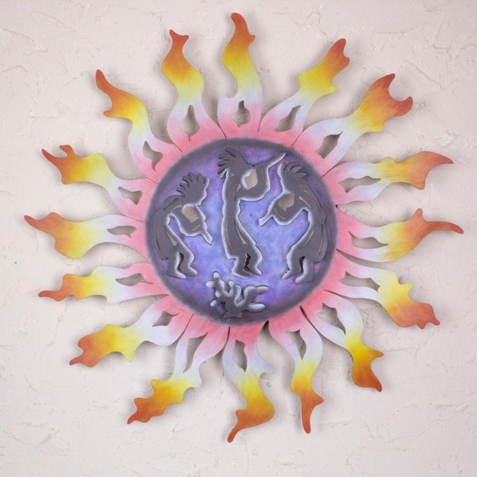 Mexico Modern Kokopelli Steel Wall Art Sun Sculpture 'Kokopelli Sun Dancers'