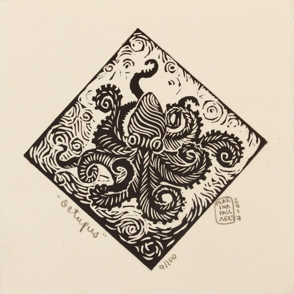 Octopus Theme Signed 4-Inch Linoleum Block Print 'Octopus'