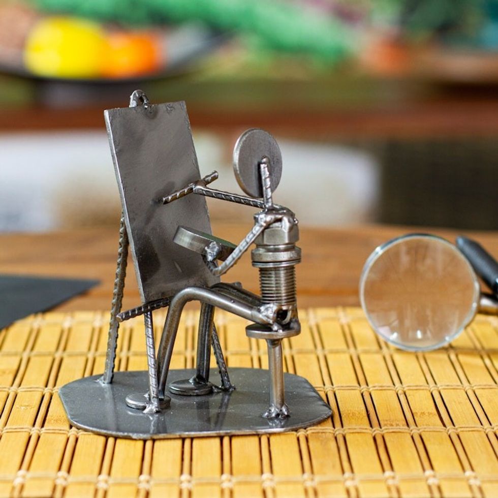 Handcrafted Recycled Metal and Auto Part Painter Sculpture 'Rustic Artist at Work'