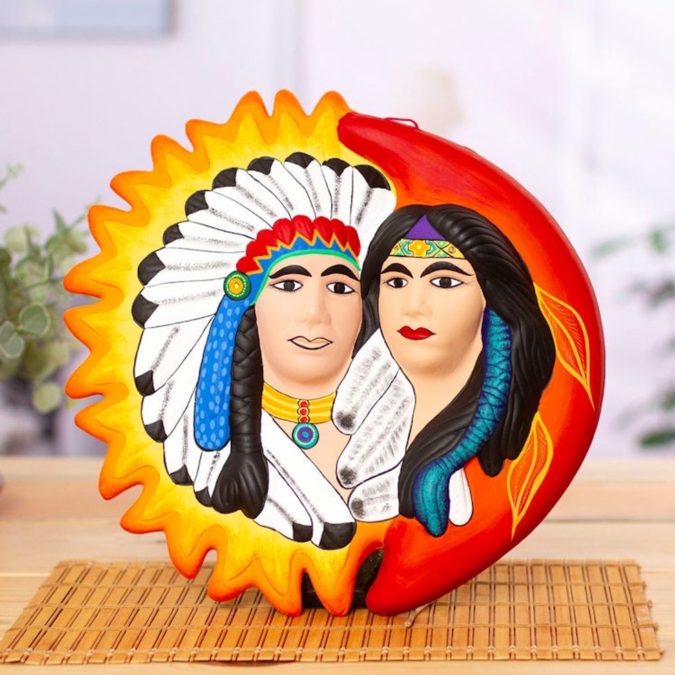 Hand-Painted Apache-Themed Ceramic Wall Sculpture 'Apache Eclipse'