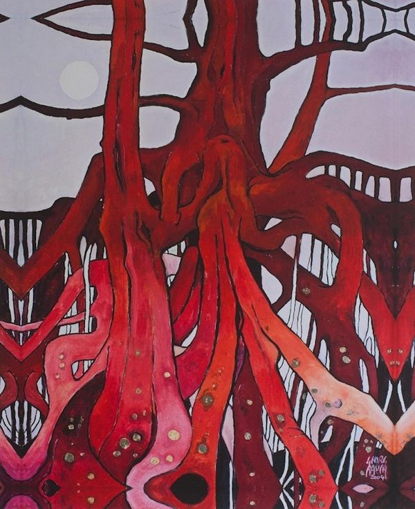Alternate image for Signed Surrealist Gicle Artwork of Trees in Red from Mexico Red Roots with Gold