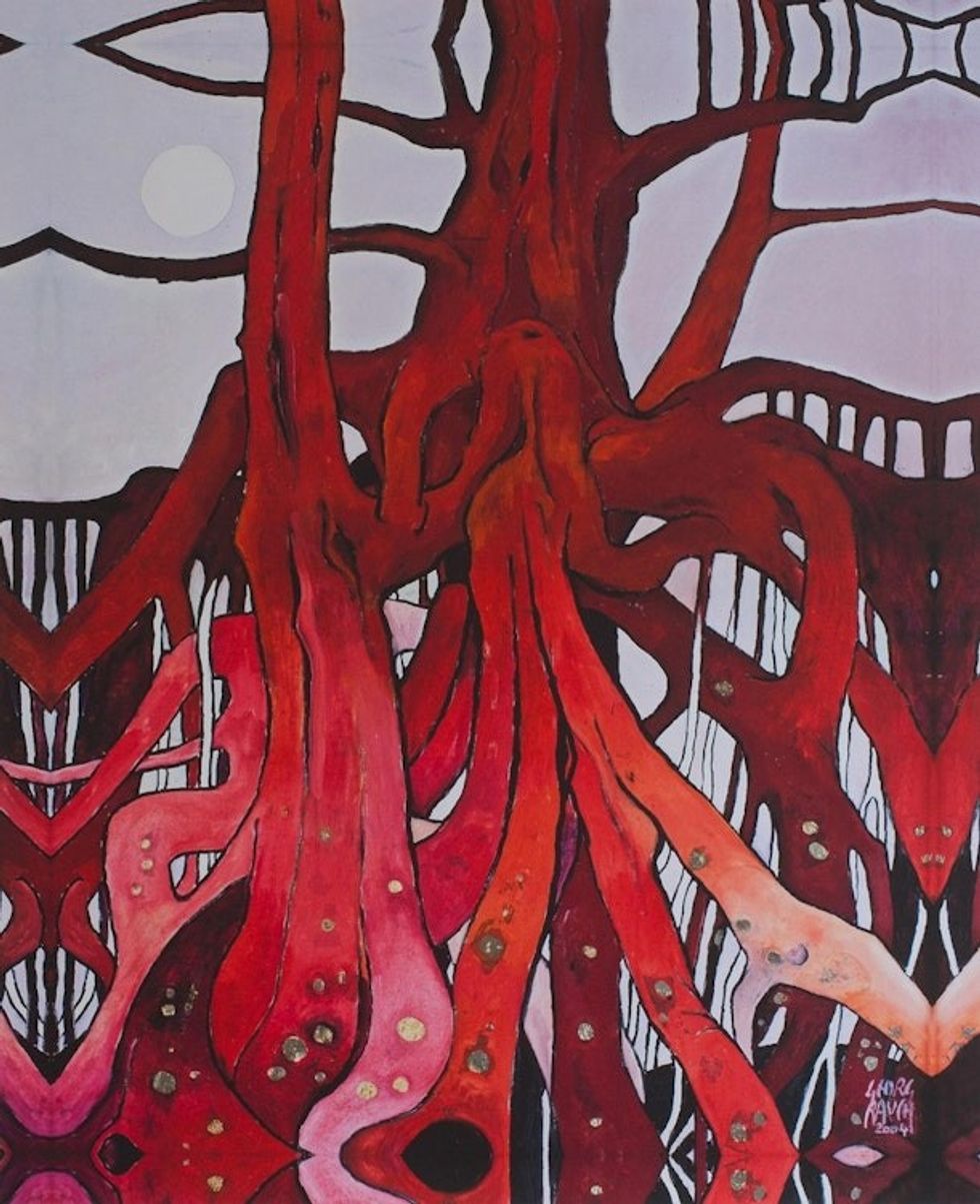 Signed Surrealist Gicle Artwork of Trees in Red from Mexico 'Red Roots with Gold'