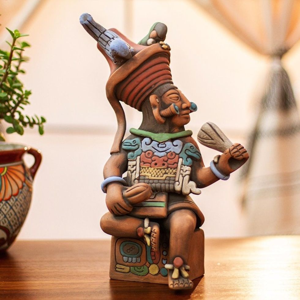 Original Signed Ceramic Sculpture of Antique Maya Governor 'Maya Governor of Uaxactun'
