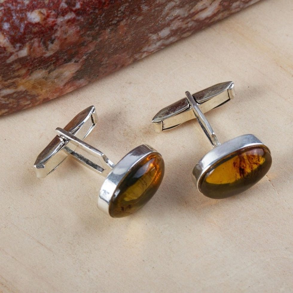 Men's Sterling Silver and Amber Oval Cufflinks from Mexico 'Amber Harmony'