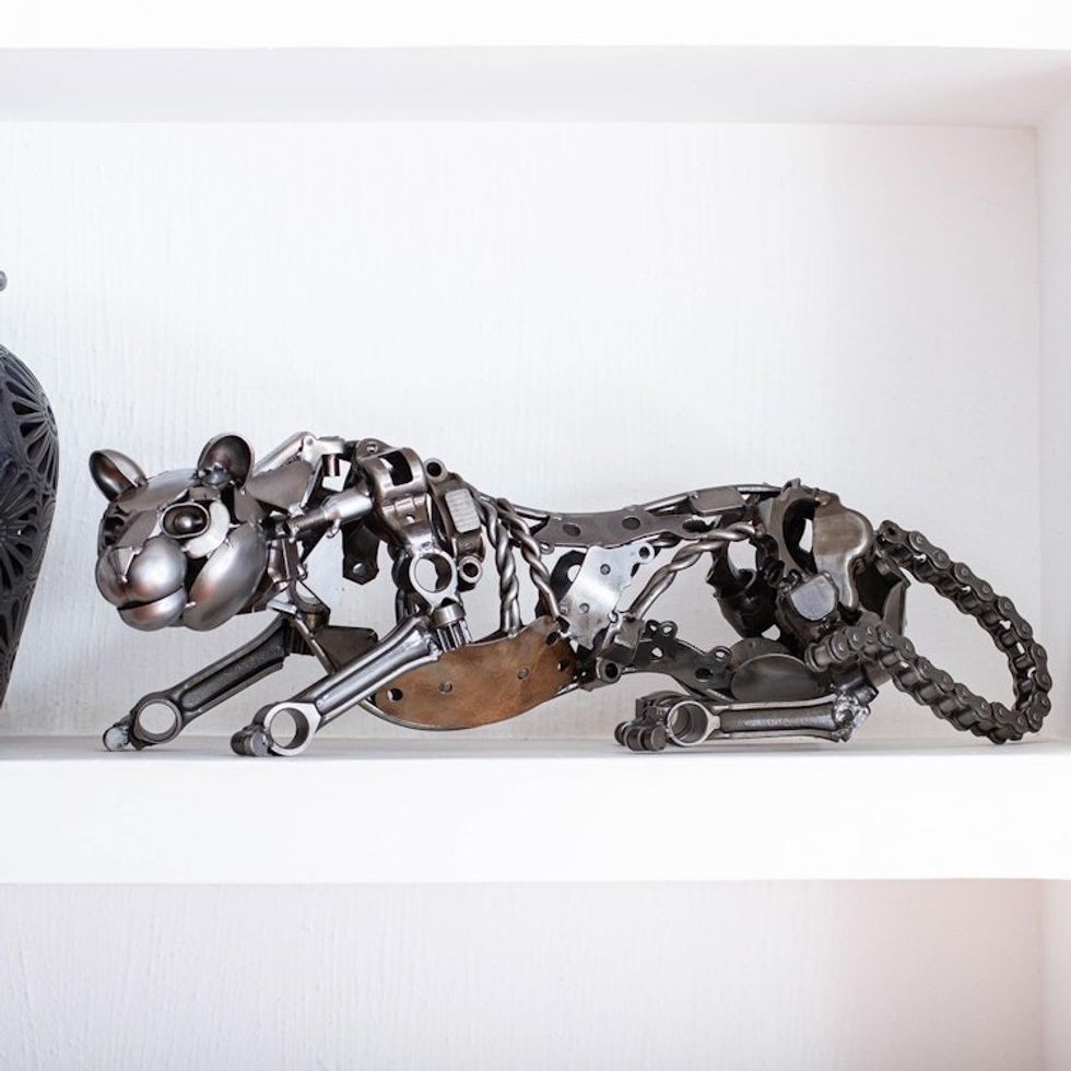 Eco Friendly Mexican Recycled Auto Part Panther Sculpture 'Fierce Panther'