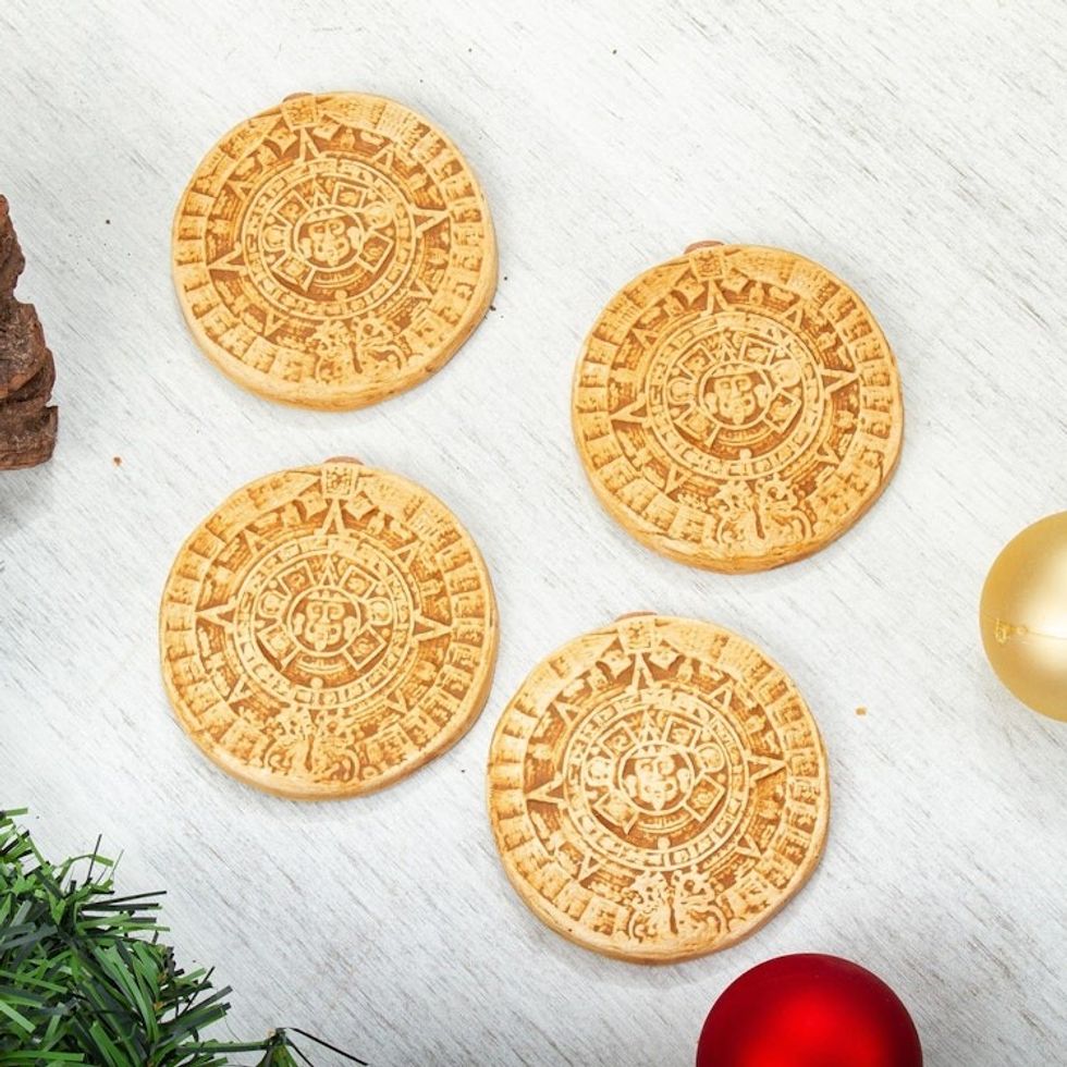 Ceramic Aztec Calendar Ornaments from Mexico Set of 4 'Aztec Cosmos'