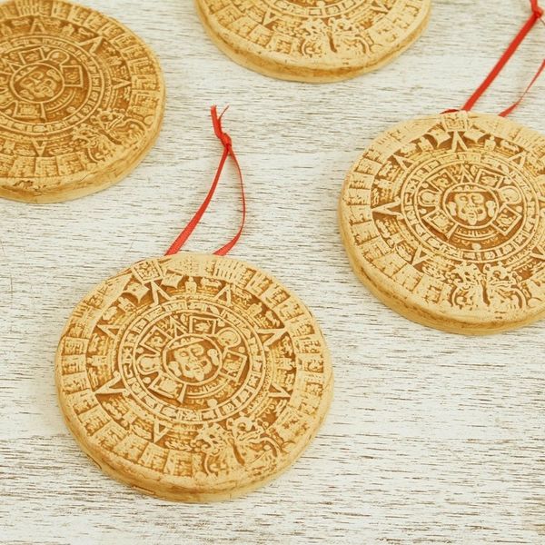 Alternate image for Ceramic Aztec Calendar Ornaments from Mexico Set of 4 Aztec Cosmos