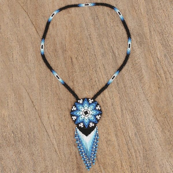 Alternate image for Huichol Glass Beaded Necklace in Blue from Mexico Icy Huichol