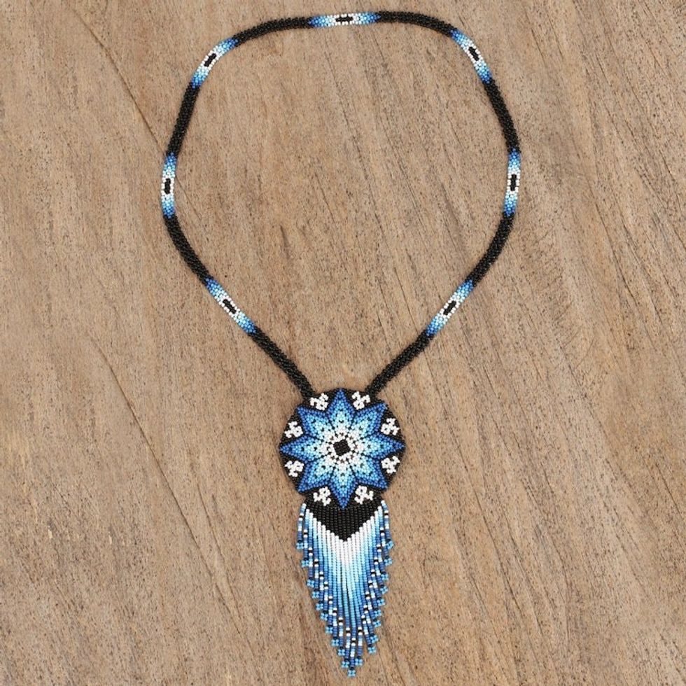 Huichol Glass Beaded Necklace in Blue from Mexico 'Icy Huichol'