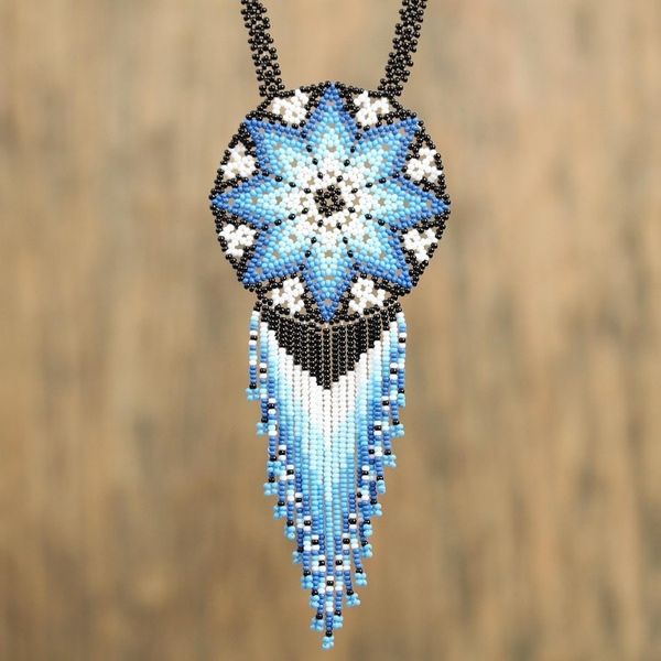 Alternate image for Huichol Glass Beaded Necklace in Blue from Mexico Icy Huichol