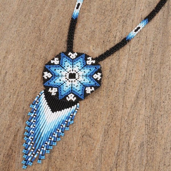 Alternate image for Huichol Glass Beaded Necklace in Blue from Mexico Icy Huichol