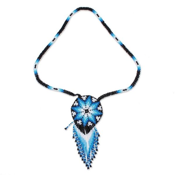 Alternate image for Huichol Glass Beaded Necklace in Blue from Mexico Icy Huichol