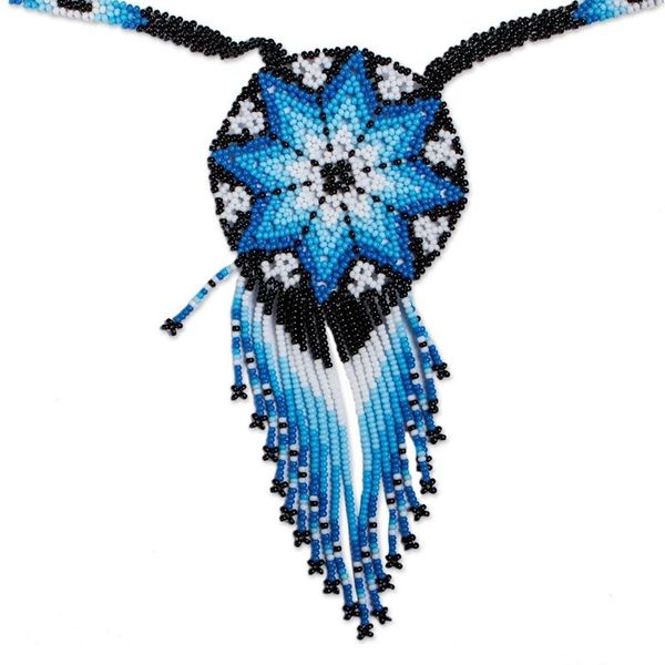 Alternate image for Huichol Glass Beaded Necklace in Blue from Mexico Icy Huichol