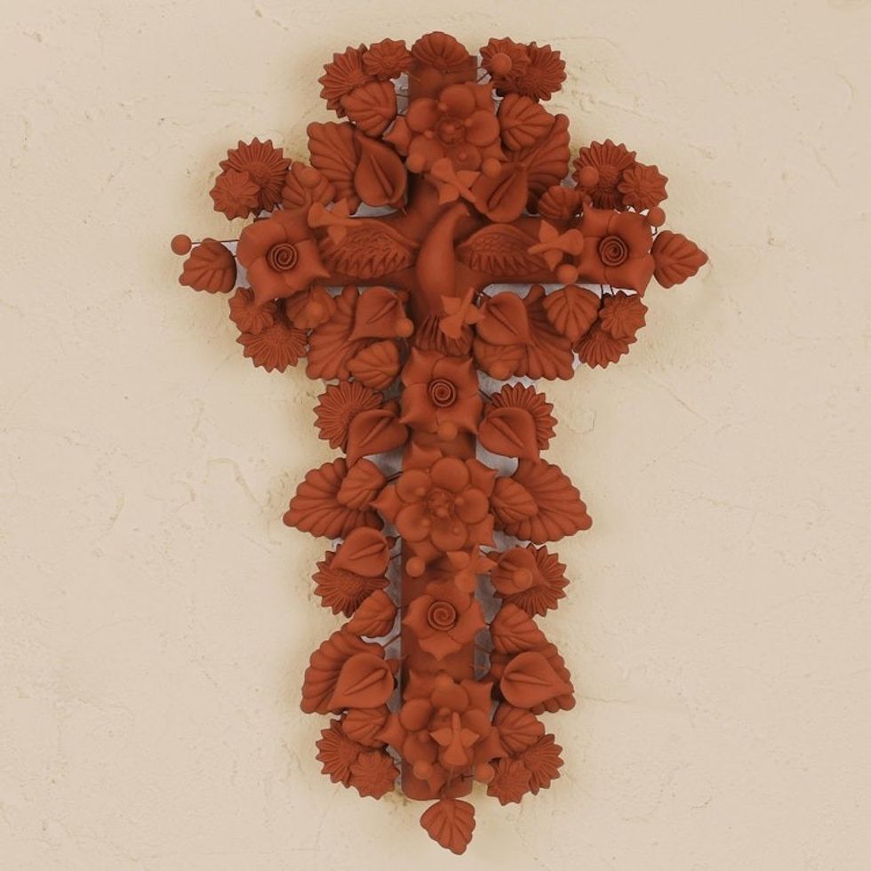 Handcrafted Terracotta Ceramic Cross Wall Sculpture 'Spirit of Beauty'