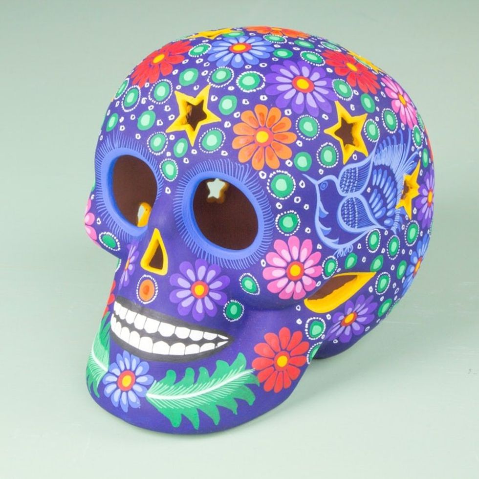 Colorful Ceramic Day of the Dead Skull Sculpture from Mexico 'Deadly Beauty'