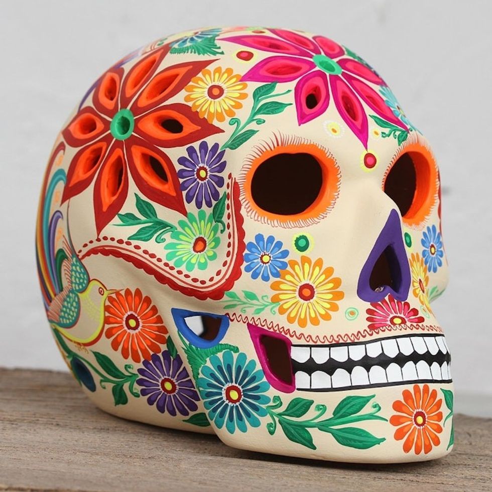 Floral Skull Ceramic Tealight Holder from Mexico 'Floral Skull'