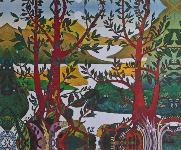 Alternate image for Springtime Mountain Landscape Gicle Print on Canvas Mexico Four Red Trees