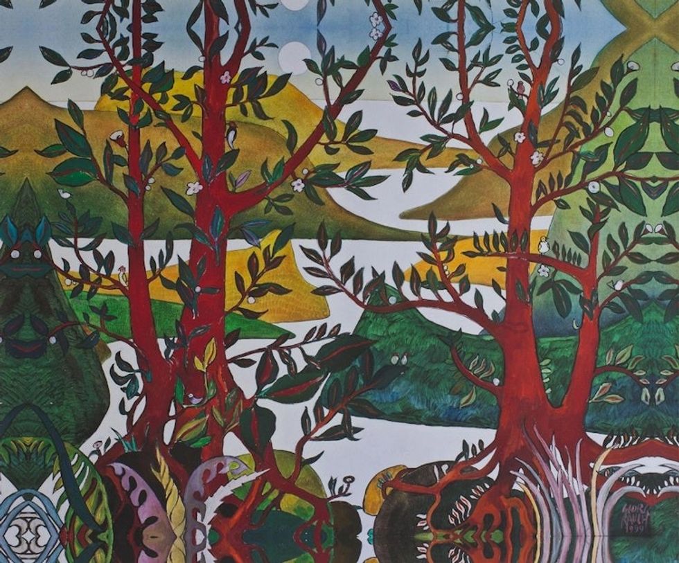 Springtime Mountain Landscape Gicle Print on Canvas Mexico 'Four Red Trees'
