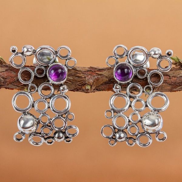 Alternate image for Mexican Modern Fine Silver Amethyst Earrings Mischief