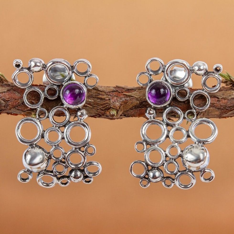 Mexican Modern Fine Silver Amethyst Earrings 'Mischief'