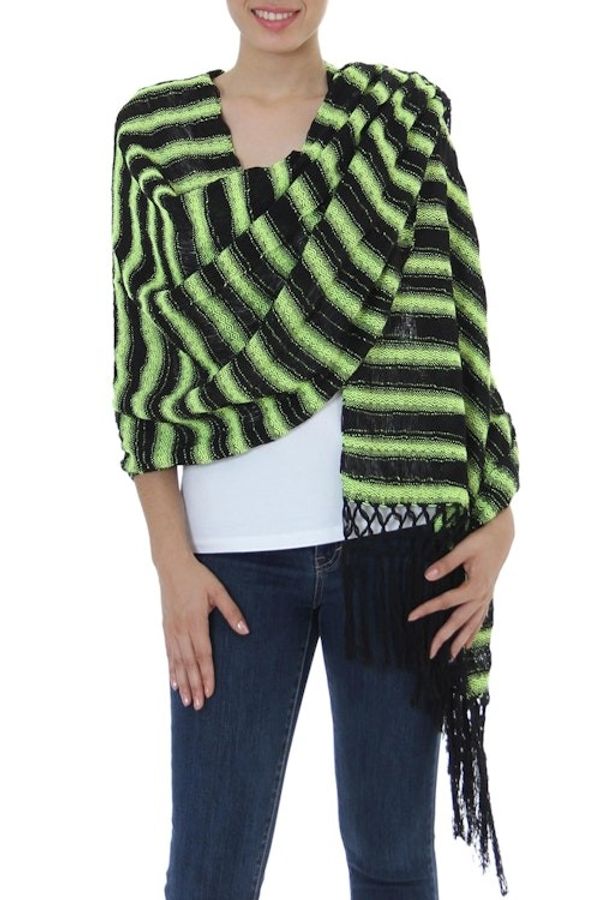 Alternate image for Hand Woven Cotton Shawl Chartreuse Stripes from Mexico Chartreuse Journey