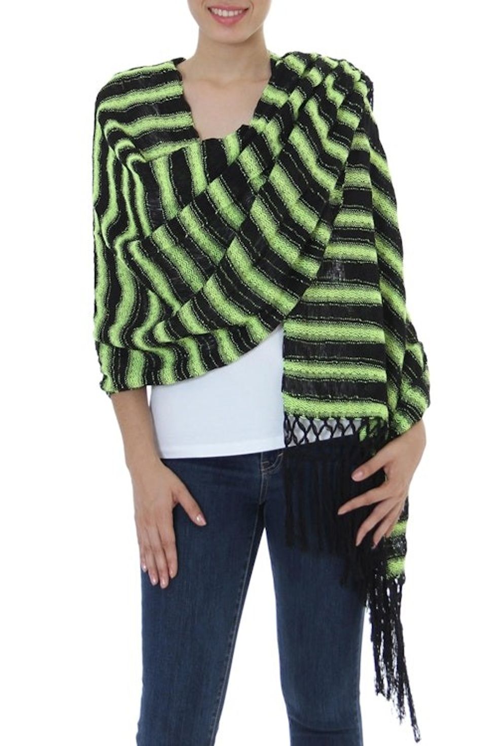Hand Woven Cotton Shawl Chartreuse Stripes from Mexico 'Chartreuse Journey'