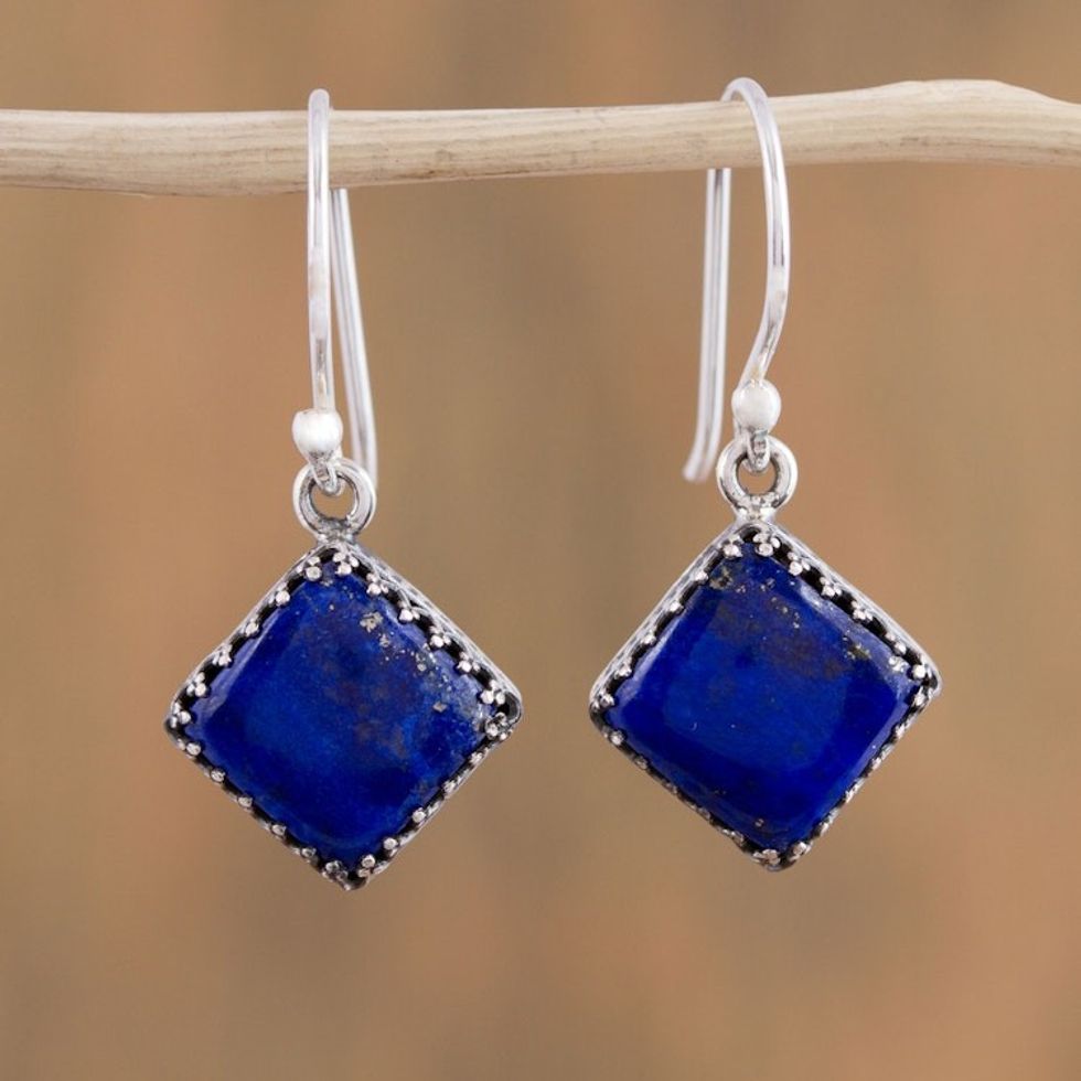 Square Lapis Lazuli Dangle Earrings from Mexico 'Blue Crowns'