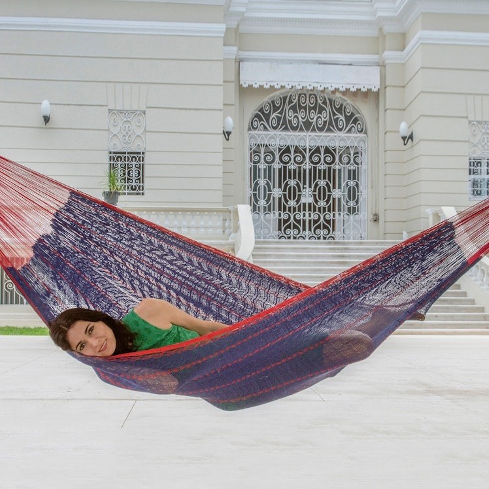 Blue Cotton Maya Hammock with Red Trim from Mexico 'Puerto Vallarta'