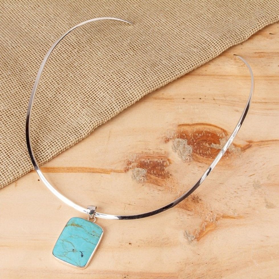 Handmade Taxco Silver Natural Turquoise Necklace 'Caribbean Mosaic'