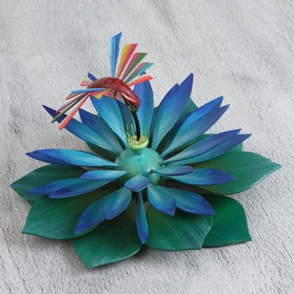 Alternate image for Colorful Handcrafted Hummingbird and Lotus Wood Sculpture Hummingbird Banquet