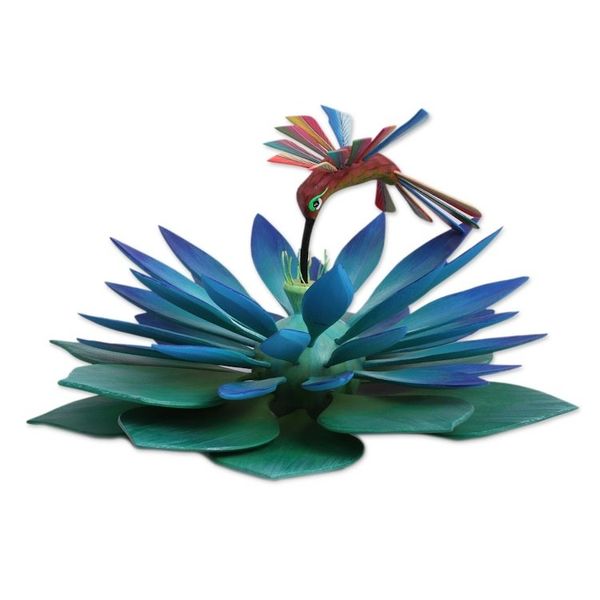 Alternate image for Colorful Handcrafted Hummingbird and Lotus Wood Sculpture Hummingbird Banquet