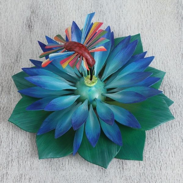 Alternate image for Colorful Handcrafted Hummingbird and Lotus Wood Sculpture Hummingbird Banquet