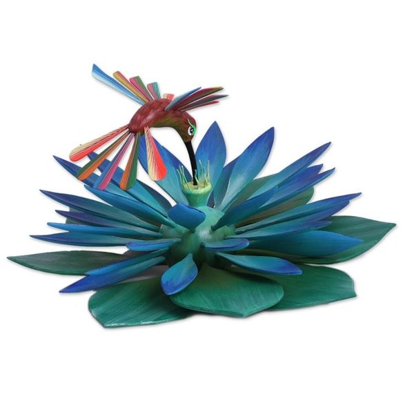Alternate image for Colorful Handcrafted Hummingbird and Lotus Wood Sculpture Hummingbird Banquet
