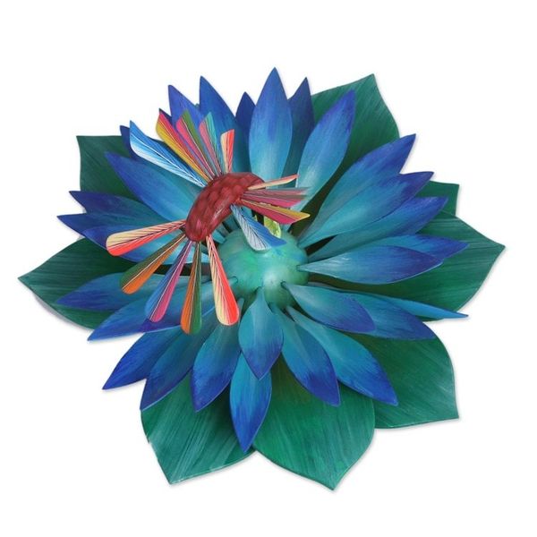 Alternate image for Colorful Handcrafted Hummingbird and Lotus Wood Sculpture Hummingbird Banquet