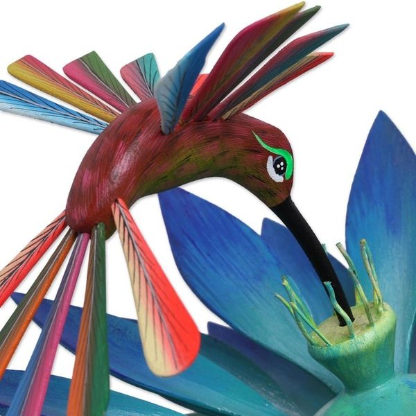 Alternate image for Colorful Handcrafted Hummingbird and Lotus Wood Sculpture Hummingbird Banquet