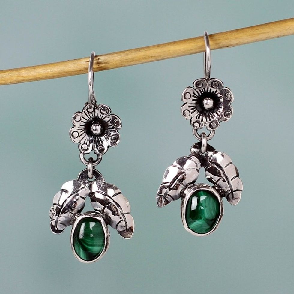 Mazahua Sterling Silver Earrings with Malachite 'Mazahua Wildflower'