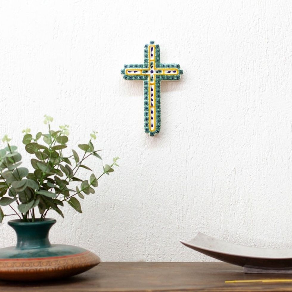 Hand Made Majolica Ceramic Wall Cross from Mexico 'Hope'